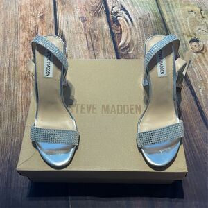 Steve Madden Silver Rhinestone Strappy Sandals Geometric Heel Women's Size 9.5